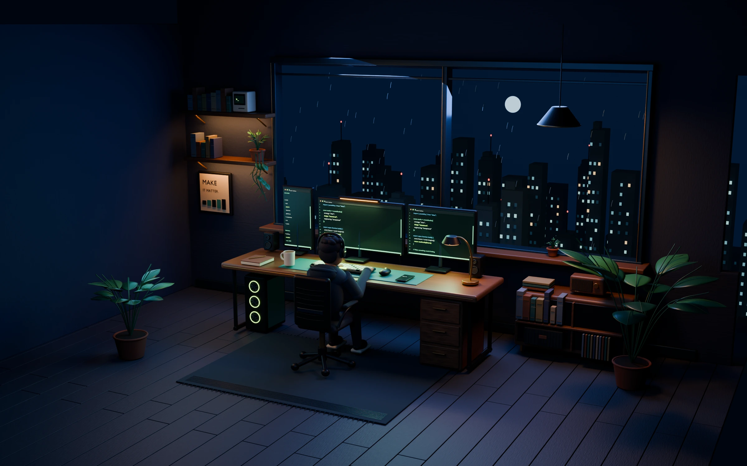 A programmer in a midnight-blue studio with luminous green screens and a city skyline.